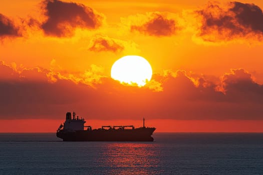 A stunning sunset over the ocean showcases a cargo ship silhouette against vibrant colors and dramatic clouds, creating a peaceful maritime scene.