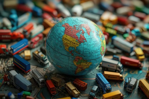 A vibrant globe sits atop a chaotic array of miniature trucks on a detailed world map, illustrating the dynamic interplay of global transportation and trade routes.
