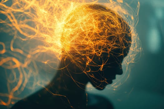 A captivating silhouette surrounded by glowing energy threads, symbolizing the interplay of imagination and emotion in an abstract artistic representation.