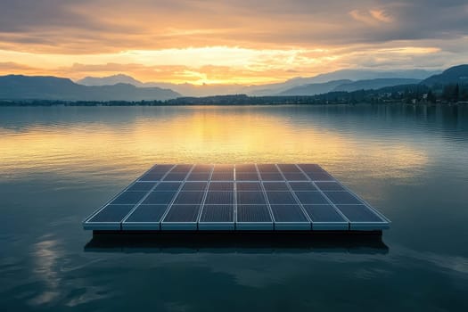 A serene image of solar panels floating on water during sunset, surrounded by majestic mountains, showcasing renewable energy and harmony with nature.