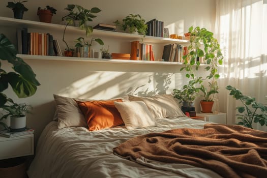 A cozy bedroom scene filled with natural light, showcasing a warm color palette, lush plants, and inviting bedding, perfect for relaxation and serene living.