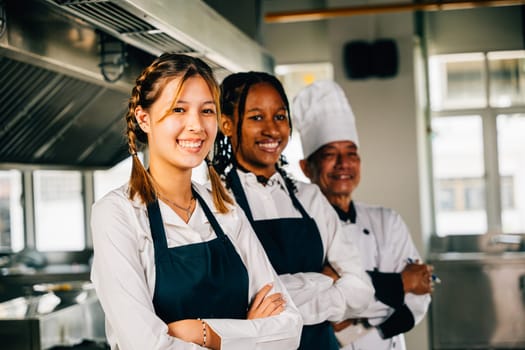 Group of smiling chefs in uniform gather in a professional kitchen displaying teamwork expertise and togetherness. Teaching and learning in a culinary classroom.