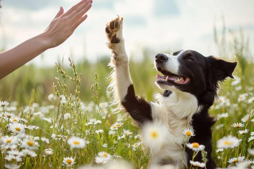 A joyful dog raises its paw while interacting with a hand in a sunny field full of daisies, capturing the bond between pets and their humans amidst nature.