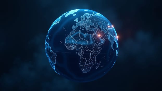 A captivating digital globe rotates slowly, highlighting illuminated continents and showcasing intricate connections across the Earth. The vibrant blue background enhances the technological theme.