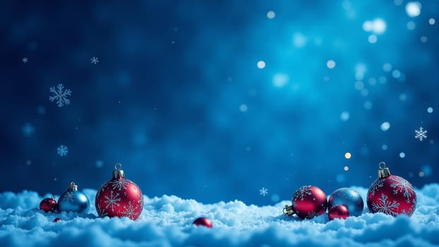 Brightly colored ornaments rest gently on a blanket of snow, glistening under a magical blue light. Flurries drift softly around, creating a serene and enchanting winter atmosphere.