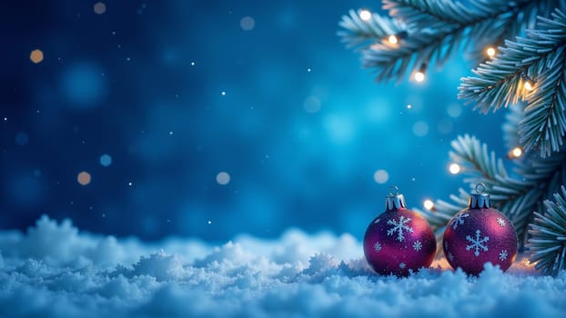 Brightly colored ornaments rest gently on a blanket of snow, glistening under a magical blue light. Flurries drift softly around, creating a serene and enchanting winter atmosphere.