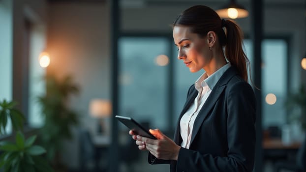 A focused woman in formal attire examines her tablet while standing in a modern office. The soft lighting and elegant decor create a sophisticated atmosphere that emphasizes her concentration.