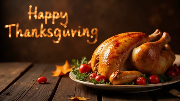 A beautifully presented roasted turkey takes center stage, surrounded by cherry tomatoes and fresh herbs. The warm ambiance is enhanced by the glowing Happy Thanksgiving sign, inviting warmth and joy.