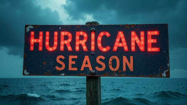 As ominous clouds loom overhead, bright neon letters flash the warning of hurricane season amidst crashing waves, urging everyone to stay alert and prepared for potential storms approaching the coast.