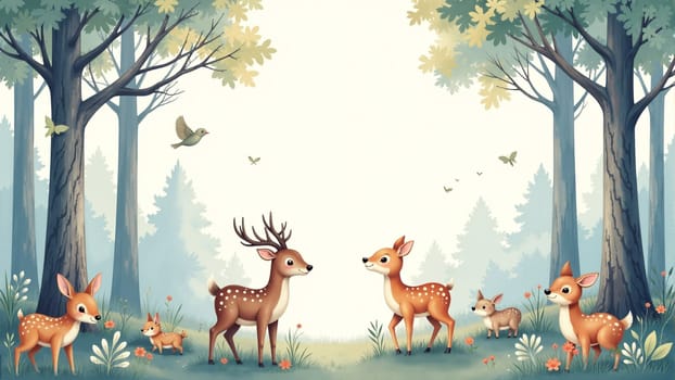 A gentle family of deer, including a mother and her two fawns, stands gracefully among vibrant greenery and flowers. The warm sunshine filters through the trees, creating a peaceful atmosphere.