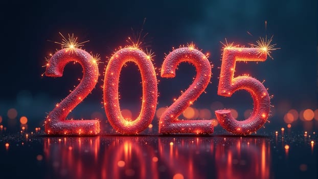 The year 2025 glows brightly, crafted from sparkling materials that capture light beautifully in a misty, cloud-filled ambiance that evokes a sense of wonder and new beginnings.