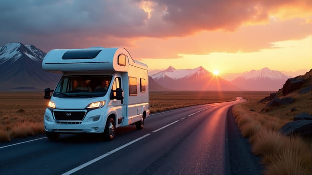 A cozy camper van travels along a winding road as the sun sets behind majestic mountains, filling the sky with vibrant hues. This picturesque journey captures the essence of adventure and freedom.