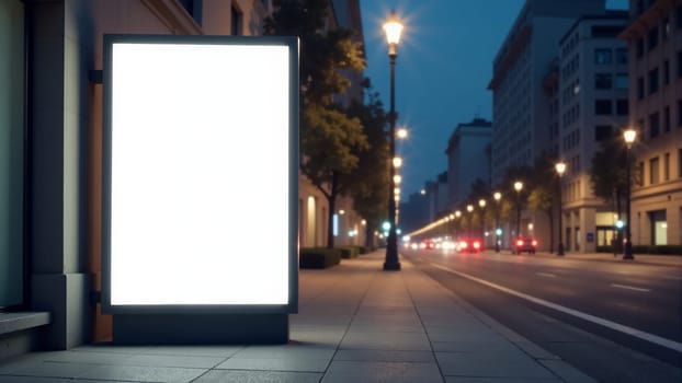 A blank advertising board stands illuminated on a calm city street at night, surrounded by dim streetlights. The quiet atmosphere hints at an urban landscape waiting for vibrant activity.