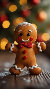 A delightful gingerbread figure adorned with a red scarf and a small Santa hat stands against a warm, glowing background.