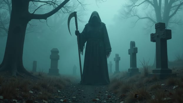 Cloaked in darkness, a lone figure holds a scythe amid a foggy graveyard. The eerie atmosphere and silhouetted tombstones evoke a sense of mystery and foreboding as night approaches.