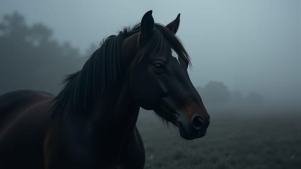 A striking horse emerges from the thick fog, its powerful silhouette contrasted against the misty background. This serene moment captures the beauty and mystery of nature at dawn.