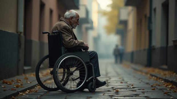 An elderly man sits in a wheelchair in a serene, misty alley as soft lamplight glows around him. Cobblestones glisten, creating a tranquil, reflective atmosphere during the early evening hours.
