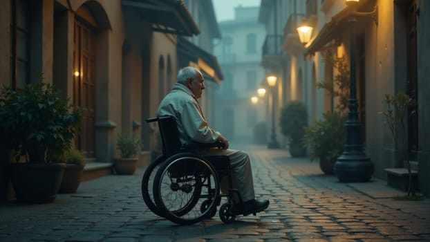 An elderly man sits in a wheelchair in a serene, misty alley as soft lamplight glows around him. Cobblestones glisten, creating a tranquil, reflective atmosphere during the early evening hours.
