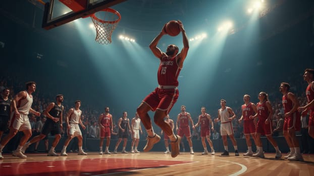 A player in a vibrant red uniform leaps high towards the basket, showcasing an impressive slam dunk. The atmosphere is electric as fans cheer wildly, illuminated by dramatic lighting in the arena.