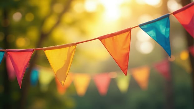 Vibrant triangular flags flutter in a gentle breeze under the warm glow of sunlight filtering through trees, creating a festive atmosphere that invites joy and togetherness.