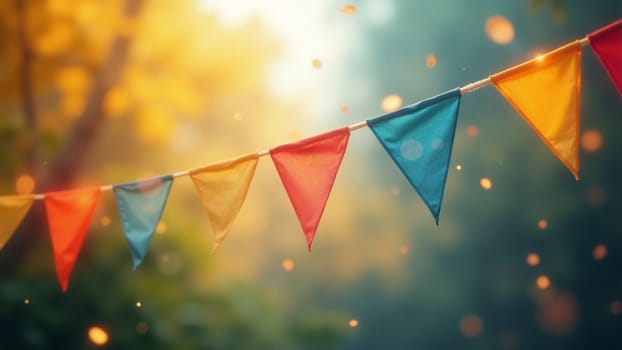 Vibrant triangular flags flutter in a gentle breeze under the warm glow of sunlight filtering through trees, creating a festive atmosphere that invites joy and togetherness.