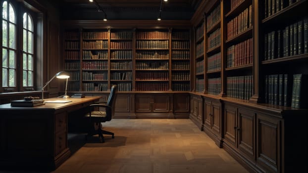 The warm ambiance of a wooden library features towering bookshelves brimming with leather-bound tomes. A stylish desk and chair create a perfect study nook, inviting deep contemplation and learning.