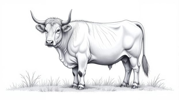 A striking white cow stands in a tranquil field, showcasing its powerful physique and gentle demeanor. The surrounding grass sways softly in the breeze, creating a peaceful rural atmosphere.