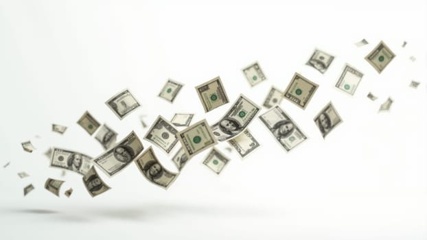 Bills of various denominations swirl gracefully through the air, illuminated by soft light. The backdrop enhances the lightness of the scene, creating a captivating visual experience.