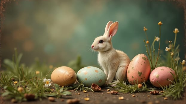 A small, fluffy bunny poses next to colorful, hand-painted eggs in various pastel shades. Surrounded by soft grass and blooming wildflowers, the tranquil spring atmosphere invites joy and warmth.