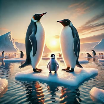 A penguin family portrait at sunset. Two adult penguins and a chick stand on an ice floe, surrounded by a majestic polar landscape.