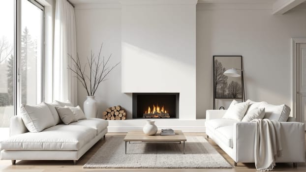 A tranquil living room features white sofas adorned with earthy pillows, a central coffee table, and a cozy fireplace.