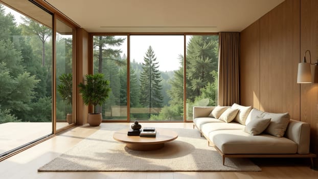 Natural light floods this stylish living area adorned with a plush sectional sofa and a chic coffee table. Large glass walls reveal a serene view of lush greenery, creating a tranquil ambiance.