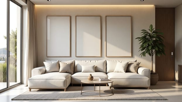 A spacious living room features a large, stylish sectional couch adorned with plush pillows. Natural light streams through tall windows, illuminating the minimalist decor and green plant accents.