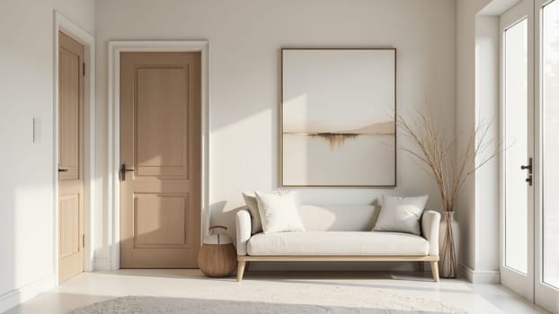A welcoming living area bathed in soft, natural light from large windows. Featuring a simple couch, decorative elements, and neutral tones, this space invites relaxation and contemplation.