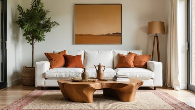 A chic living area showcases a white sofa adorned with orange cushions, complemented by a rustic coffee table. Lush greenery adds a touch of nature, enhancing the inviting atmosphere.