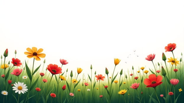 A colorful wildflower meadow bursts with life as blossoms sway in the light afternoon breeze. Sunlight filters through, creating a serene atmosphere filled with floral beauty.