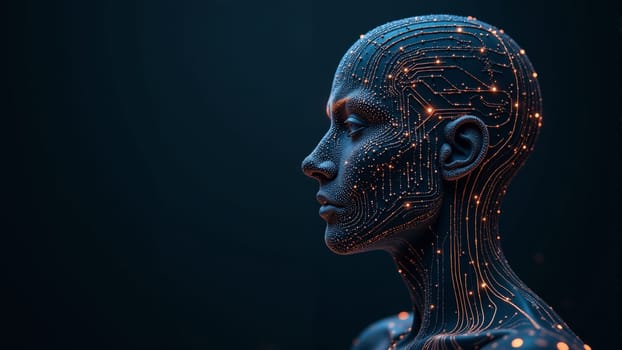 A human figure is beautifully enhanced with intricate circuitry patterns and glowing lights.