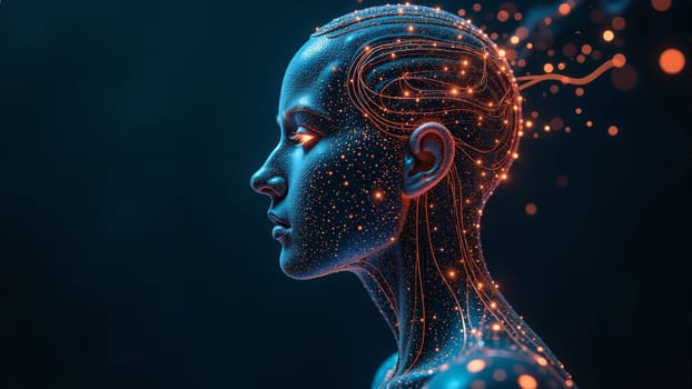 A human figure is beautifully enhanced with intricate circuitry patterns and glowing lights.