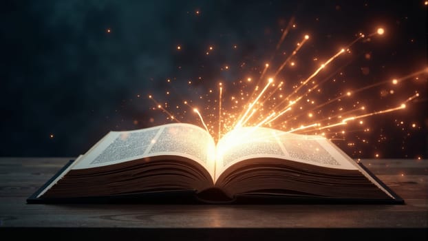 An open book rests on a wooden surface, emanating bright golden sparks that light up the surrounding darkness. The juxtaposition of the glowing particles and the book creates a captivating atmosphere.