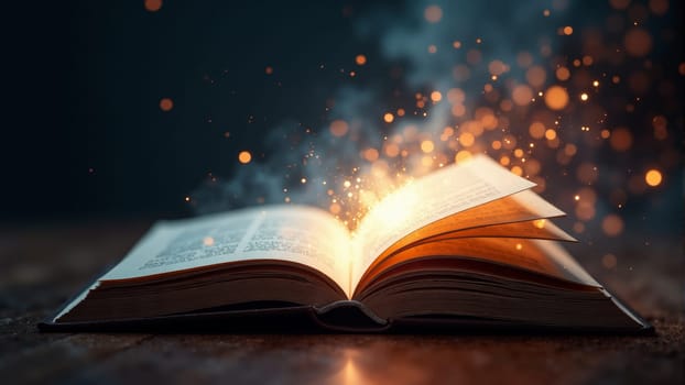 An open book rests on a wooden surface, emanating bright golden sparks that light up the surrounding darkness. The juxtaposition of the glowing particles and the book creates a captivating atmosphere.