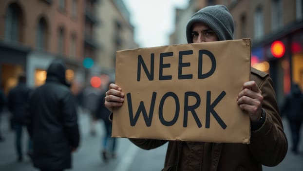 In a bustling city street, a man in a hat holds a cardboard sign reading Need work. The lively backdrop captures the essence of urban life, filled with passersby and potential.