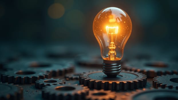 A glowing light bulb radiates warmth, resting atop a bed of metallic gears. The soft illumination creates a captivating atmosphere in a workshop filled with potential for creativity and invention.