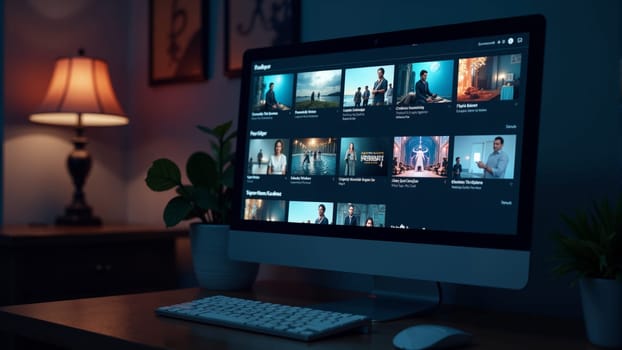 In a cozy room bathed in soft purple light, a sleek monitor showcases an array of captivating visuals. A potted plant sits nearby, enhancing the creative ambiance during evening hours.