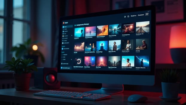 In a cozy room bathed in soft purple light, a sleek monitor showcases an array of captivating visuals. A potted plant sits nearby, enhancing the creative ambiance during evening hours.