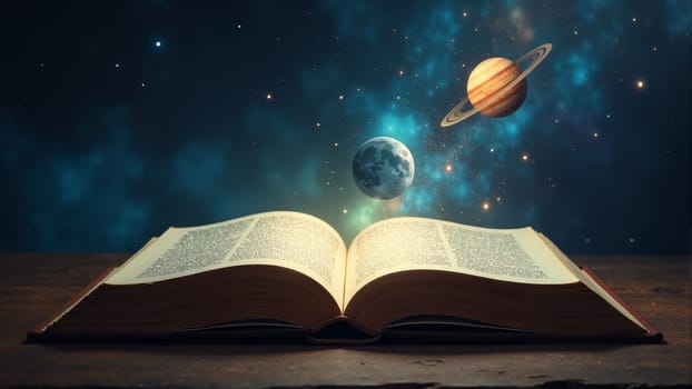 An open book emits radiant light, revealing a vibrant cosmic scene filled with planets and stars. The ethereal glow transforms the space, inviting exploration and imagination in a boundless universe.