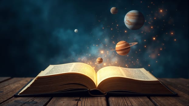 An open book emits radiant light, revealing a vibrant cosmic scene filled with planets and stars. The ethereal glow transforms the space, inviting exploration and imagination in a boundless universe.