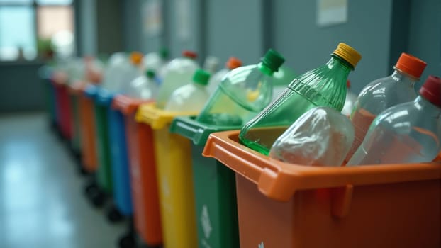 Colorful bins filled with plastic bottles stand in a well-lit community center. Individuals actively engage in recycling, promoting sustainability and environmental awareness.