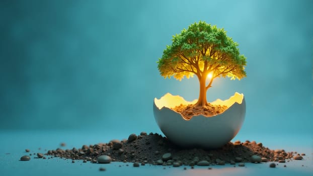 A small tree grows out of a cracked eggshell, symbolizing life and renewal.