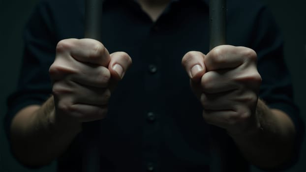 Strong hands grip cold metal bars, symbolizing desperation and solitude. The shadows deepen the mood, reflecting feelings of hopelessness in a dark, confining space, emphasizing isolation.