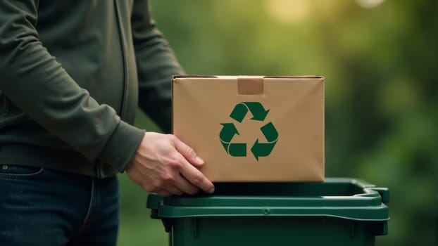 A person dressed casually places a cardboard box with a recycling symbol into a green bin.
